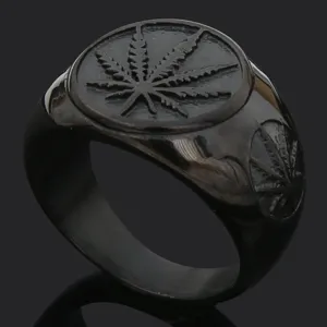Anillo de sello de acero inoxidable negro con hoja de cannabis para hombre punk