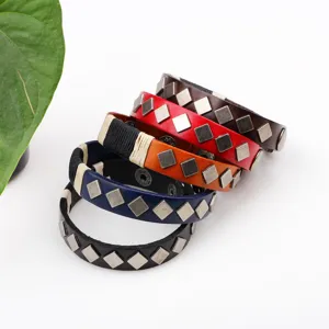 Punk leather bracelet set with metal diamond studs, gothic style fashion jewelry for men women.