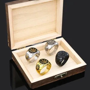 Anillo sello de hoja de cáñamo de acero de titanio para hombre joyería estilo moto