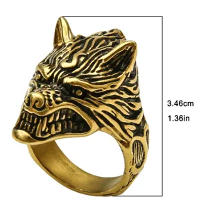 Anillo de lobo vintage para hombre, joyeria de cabeza de lobo nordico de acero, estilo cool.