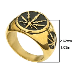 Anillo de Acero de Titanio Dorado Vintage para Hombre con Sello de Hoja Cannabis