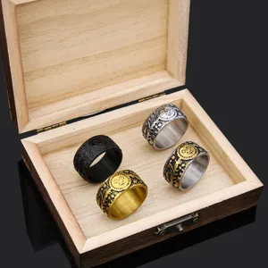 Vintage Herren breiter Sonnen Ring Set Edelstahl Retro Totem Schmuck Geschenkbox
