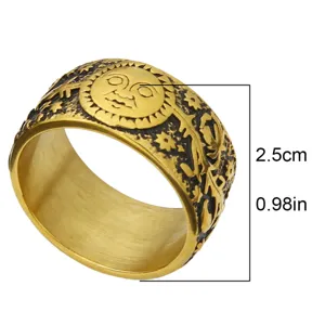 Vintage breiter Sonnen-Gesicht gravierter Goldring Herren gothischer Titanstahl Ring Schmuck