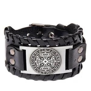 Wide leather bracelet for men and women, retro punk style with metal plate and adjustable strap.
