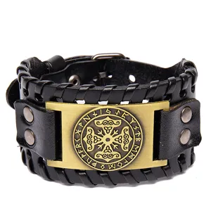 Wide leather bracelet with retro antique bronze Irish cross knot metal plaque, adjustable.