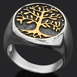 Vintage Stainless Steel Tree Of Life Ring For Men Retro Viking Rune Signet Finger Ring Fashion Punk Jewelry Gift