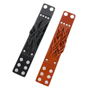 Retro Punk Wide Leather Bracelet For Men Women Adjustable Metal Snap Woven Wrap Cuff Bangle Casual Fashion Jewelry