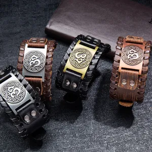 Men retro braided leather bracelet Nordic Viking style cowhide wristband with metal charm