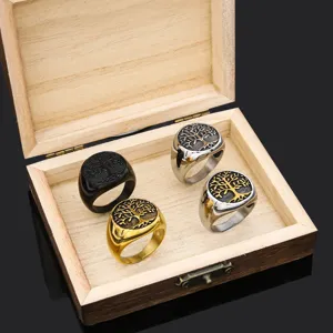 Men's Viking tree of life titanium steel ring set, vintage Nordic talisman jewelry gifts.