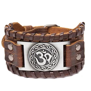 Vintage braided genuine leather cuff bracelet with metal Om symbol charm for men Norse Viking jewelry