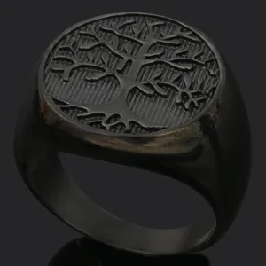 Men's vintage titanium steel tree of life ring black metal rune biker jewelry fashion