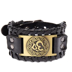 Retro woven top layer cowhide leather bracelet for men, wide cuff Viking style wristband.