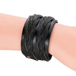 Wide black braided leather cuff bracelet for men and women, vintage punk style wristband.