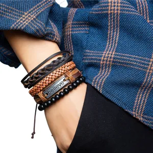 Pulsera de Cuero Trenzado Multicapa Vintage para Hombre Estilo Étnico Aleación Cuentas de Madera Joyería Regalo