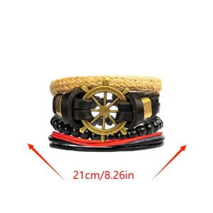 Multi-layer braided leather nautical ship wheel bracelet with black beads and hemp rope design.