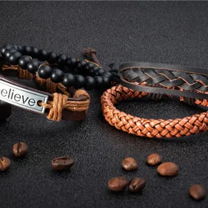 Set de pulseras de cuero trenzado multicapa para hombre brazalete vintage de cuentas