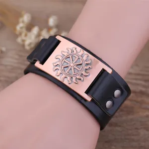 Men punk leather bracelet viking sun wheel alloy bangle vintage gothic wristband jewelry