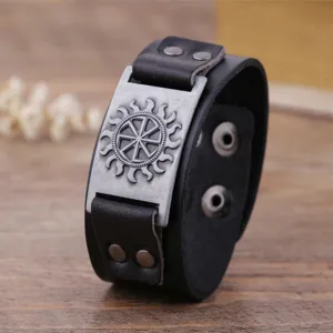 Vintage punk style wide leather bracelet for men with cool metal sun wheel charm
