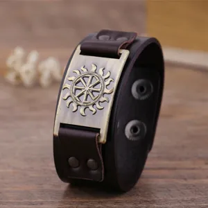 Viking leather bracelet with flame wheel metal plaque, punk style vintage wristband for men.