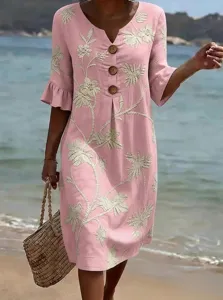 Pink linen V-neck midi dress featuring elegant floral embroidery and vintage front button closure.