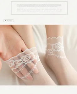 Detail shot of summer thin breathable lace short socks, low-cut invisible sock design.