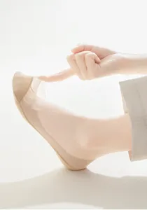 Detail view of sheer ice silk no-show socks with breathable mesh and cotton sole.