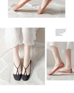 Women ultra-thin ice silk shallow cut boat socks with anti-slip silicone and cross straps detail.