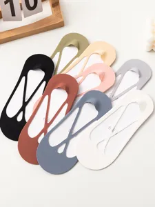 Detail view of women ultra thin ice silk invisible boat socks with anti slip silicone heel.