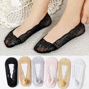 Women Summer Thin Lace Peacock Feather Boat Socks Invisible Low-Cut Anti-Slip Breathable Solid Color Cotton Socks