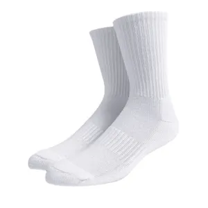 Thick white athletic crew socks with cushioned sole, comfortable cotton sports running socks.