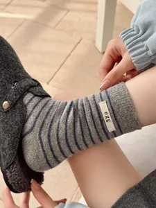 Korean style striped wool socks for women, cozy winter warm knit crew socks with letter label
