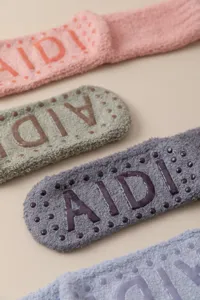 Thickened coral fleece cozy anti-slip floor socks with silicone grip details for winter home.