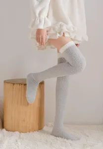 Winter thick coral fleece over knee high socks for women cozy warm fuzzy long hosiery.