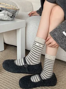 2025 new women's wool socks striped minimalist Korean style mid-tube warm cashmere socks