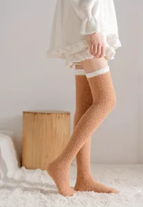 Cozy winter over-the-knee coral fleece women socks, thick warm striped home hosiery.