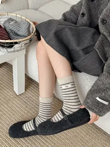 Korean style striped wool socks with cute egg label, cozy mid-tube thermal winter socks for women.