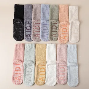 Thickened Coral Fleece Warm Floor Socks For Women Men Solid Color Mid Tube Sleep Socks With Anti Slip Sole