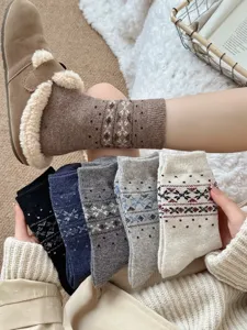 Dicke Wollsocken Damen Winter, warme norwegische Muster Mittelsocken Strickstrümpfe.