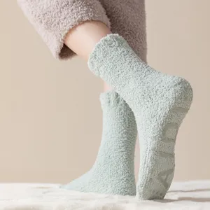 Thickened coral fleece women mid-tube thermal anti-slip solid color floor socks for winter