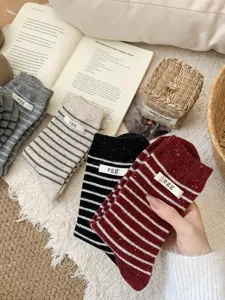 Cozy striped wool women socks with cute egg label Korean style warm mid tube winter socks