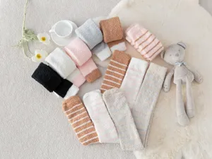 Detailed view of cozy thick coral fleece over-the-knee striped winter stockings for home.