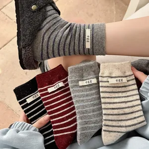 Women's Wool Striped Mid Tube Socks Korean Style Minimalist Thickened Winter Warm Casual Socks With Letter Patch