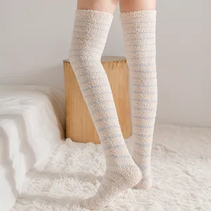 Women Winter Over The Knee Coral Fleece Socks Striped Colorblock Thickened Plus Velvet Warm Casual Home Socks