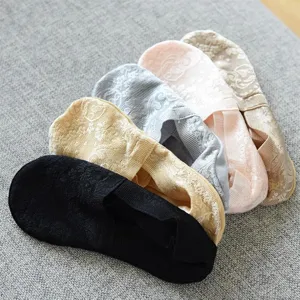 Detailed close-up view of women lace no-show socks, low cut invisible design with anti-slip.