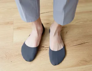 Detailed shot of dark grey men's invisible boat socks, smooth ice silk texture.