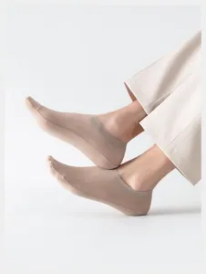 Close-up of men's summer ice silk mesh invisible boat socks in nude tone, breathable fit.