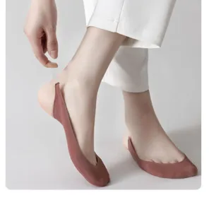 Detail view of women's anti-slip strap low cut invisible boat socks for summer shoes.