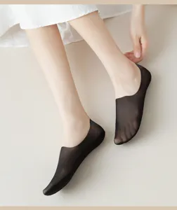 Women ultra thin invisible boat socks detail view, breathable black liner socks with cotton sole.