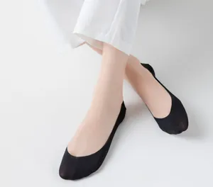 Detailed view of women's ultra-thin ice silk no-show shallow-mouth socks, breathable and comfortable.