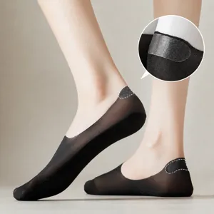 Women summer ultra thin low cut invisible boat socks black cotton anti slip grips